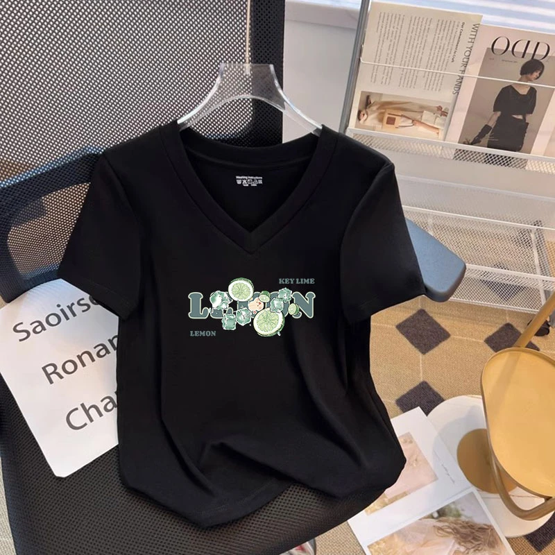 夏季新款V领新疆棉短袖T恤女宽松正肩显瘦百搭大码上衣
