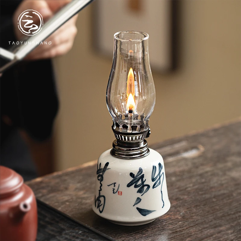 复古陶瓷酥油灯手写诗文煤油灯防风中式书房茶室小夜灯摆件灯盏