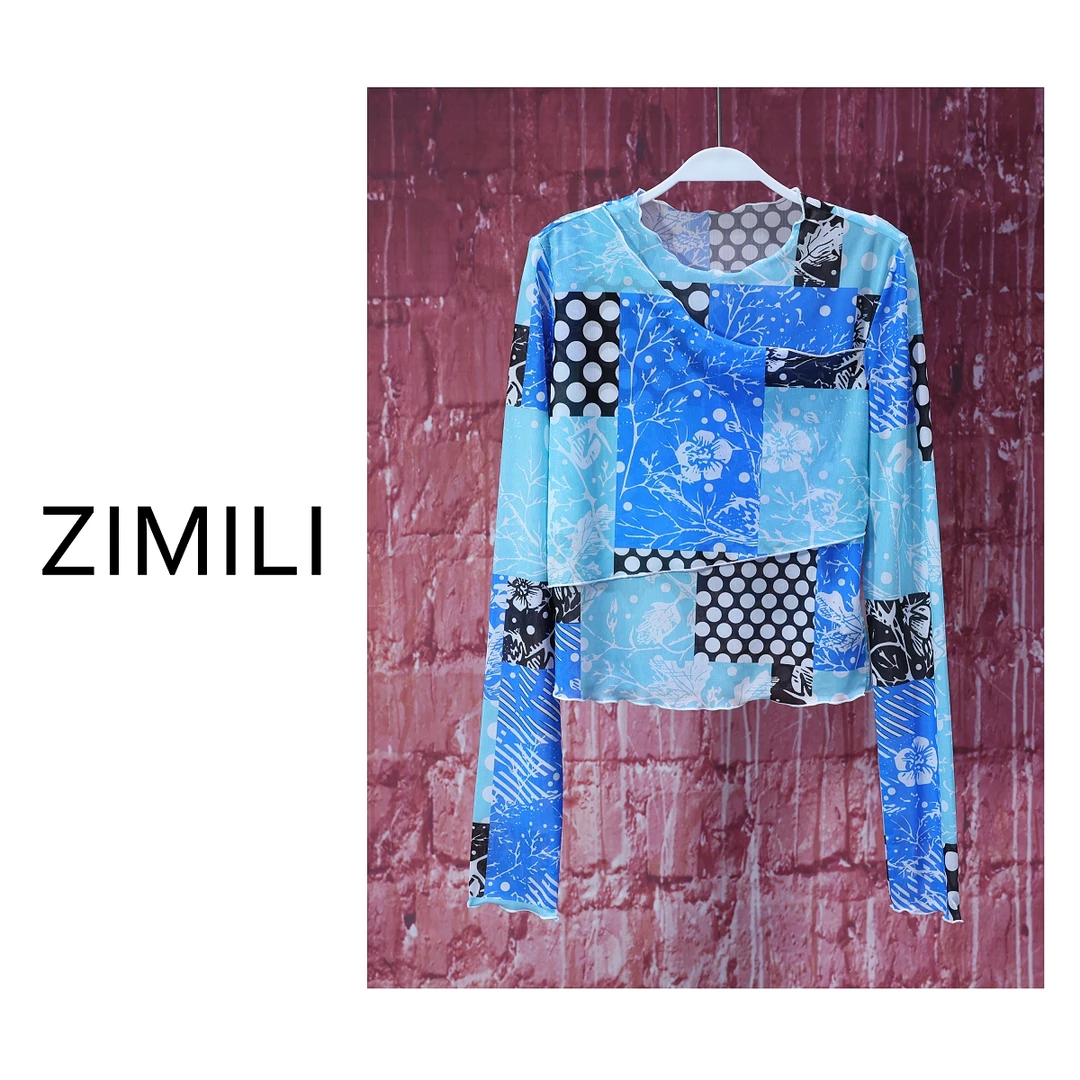 【程二女装】2025春夏季蓝色棋盘格时尚休闲印花网纱长袖衫7301