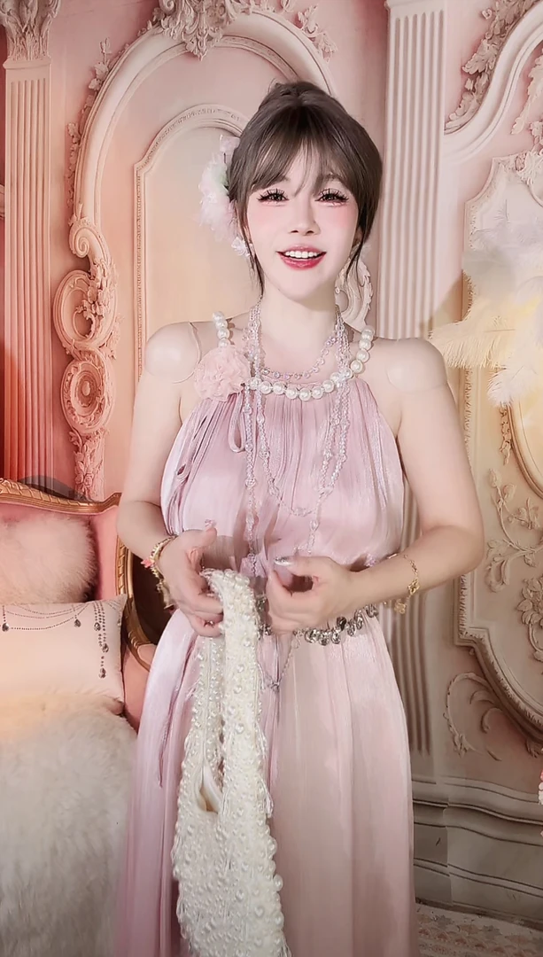 【崔】L0092 珍珠挂脖花朵荷叶边雪纺连衣裙夏季法式纯欲大摆裙子