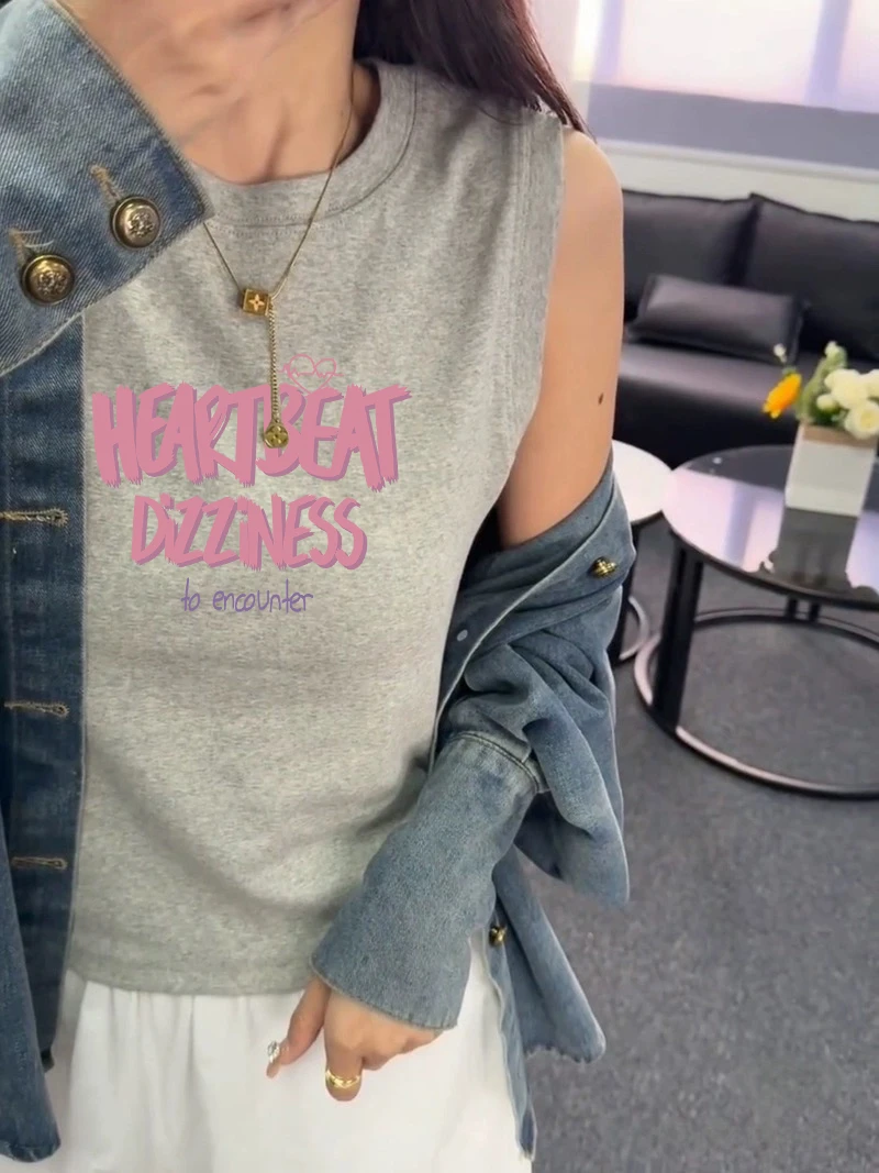 新款灰色运动工字背心女韩系ins宽肩外穿内搭上衣无袖t恤夏季圆领