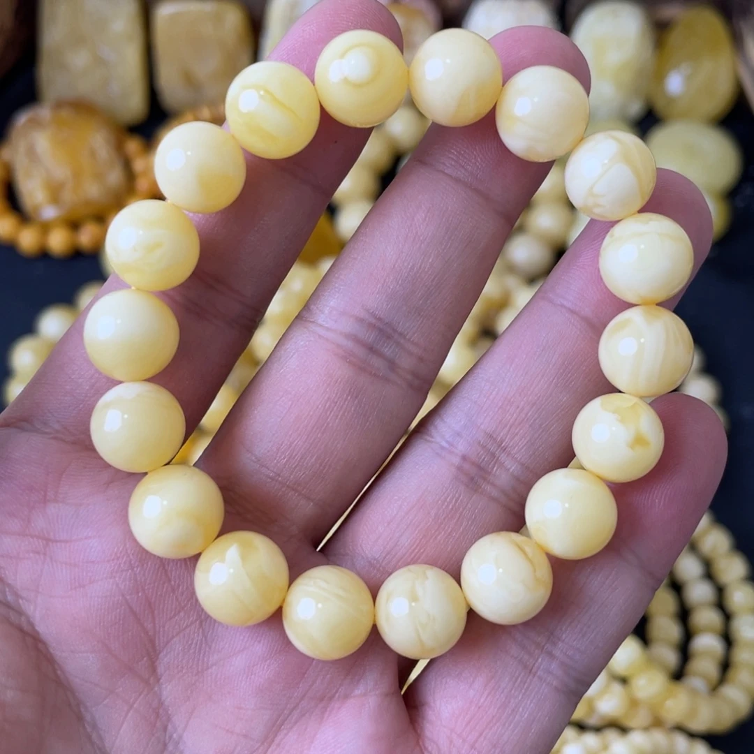 手串琥珀未镶嵌11+俄料浓白花蜡圆珠手串