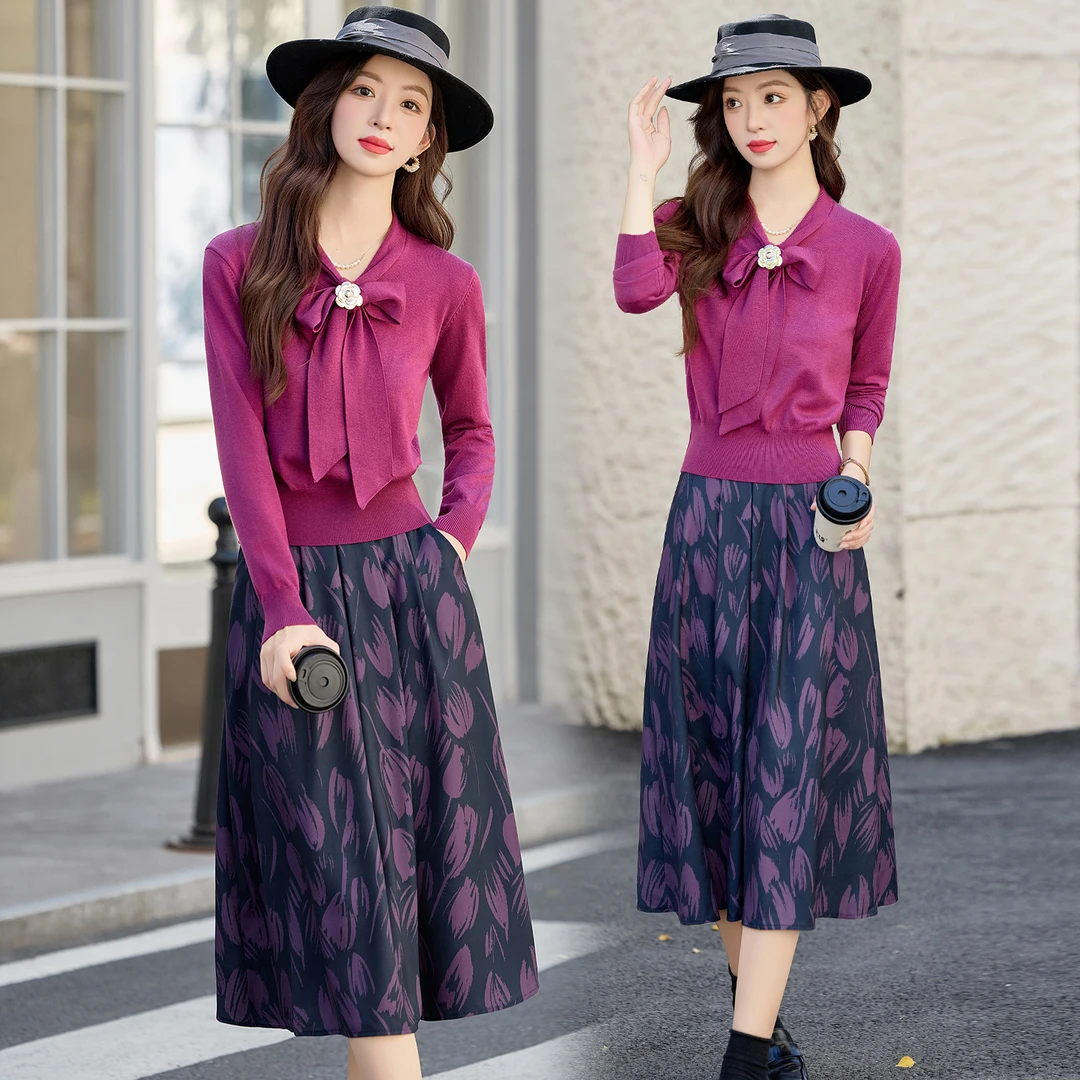 轻熟风针织印花套装裙女2025秋季新款高级感收腰显瘦半身裙两件套