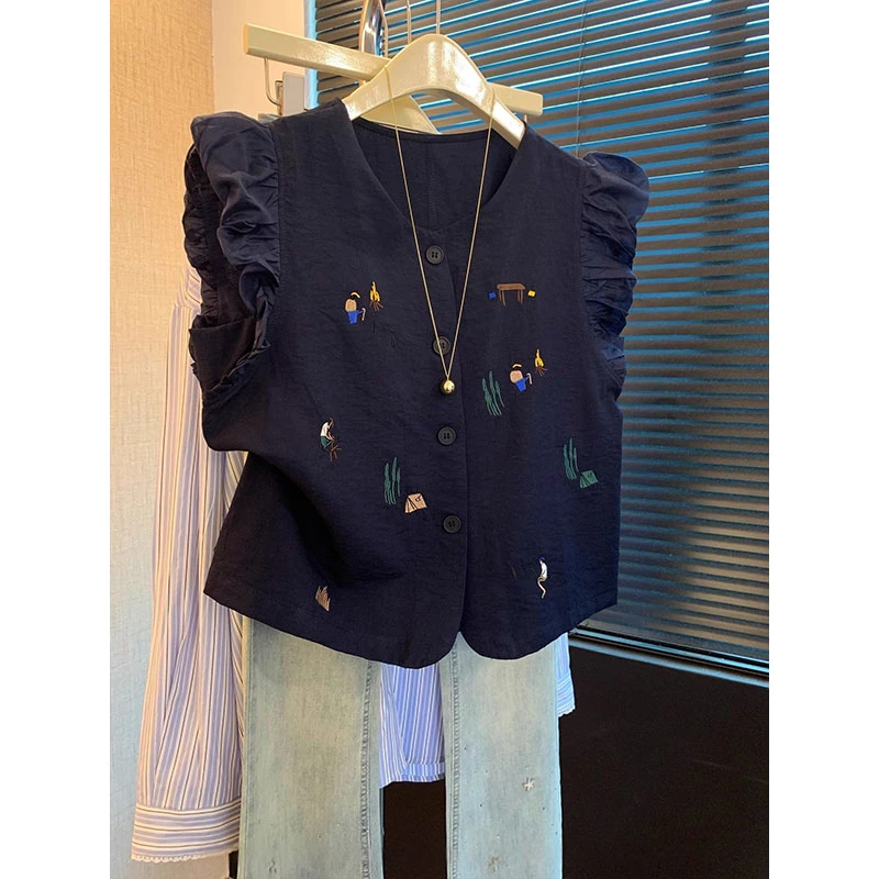 运补~韩系重工刺绣圆领蓝色背心新款夏季高级感飞飞袖马甲外穿小