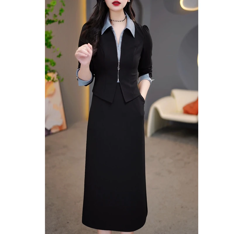 法式时尚气质长袖衬衫连衣裙女春秋轻熟洋气黑色修身显瘦职业裙子