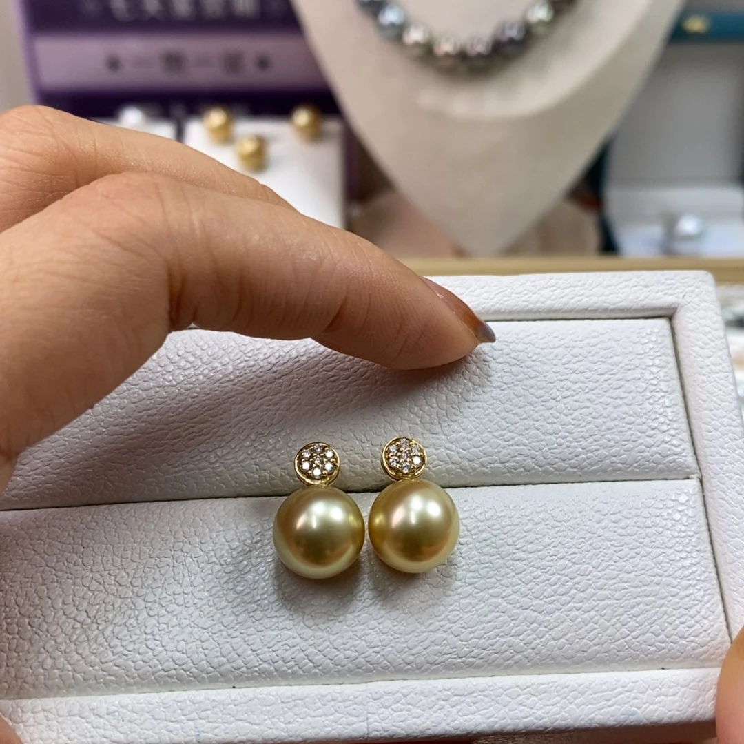 耳饰18K金镶嵌海水珍珠10.2m南洋金珠耳环（茶金品质）