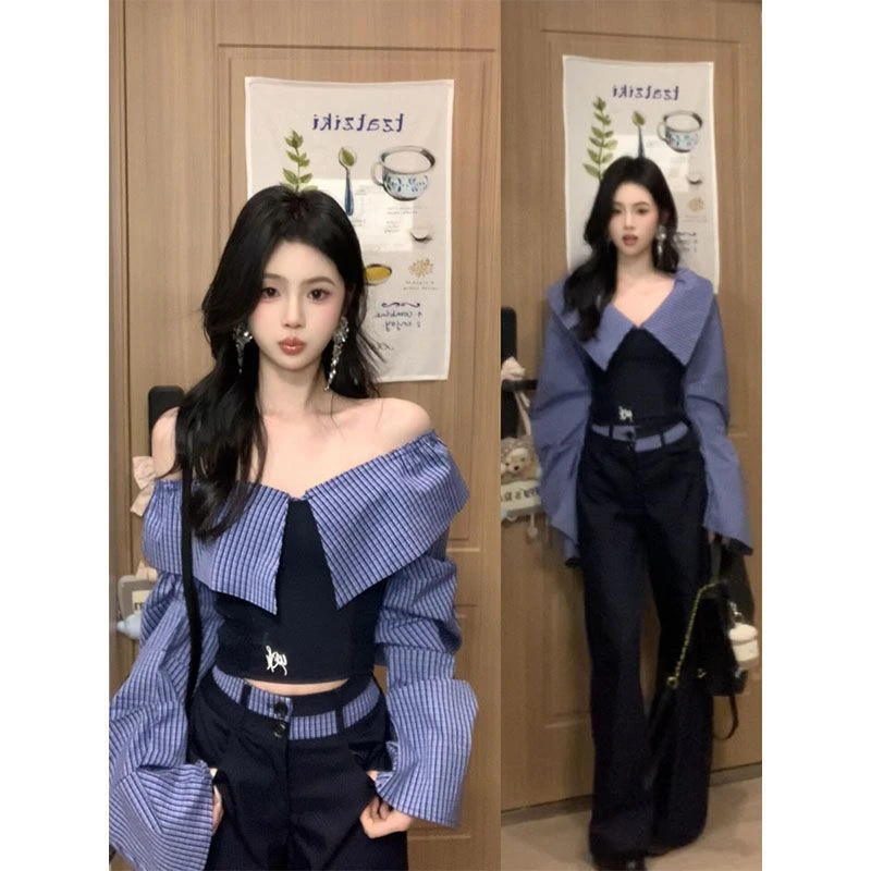春季穿搭一整套2025新款韩系辣妹设计感一字肩上衣百搭长裤两件套
