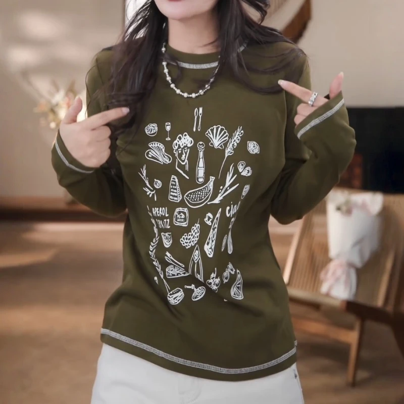 时尚复古休闲通勤百搭T恤女2025年秋冬新款圆领套头长袖T恤打底衫