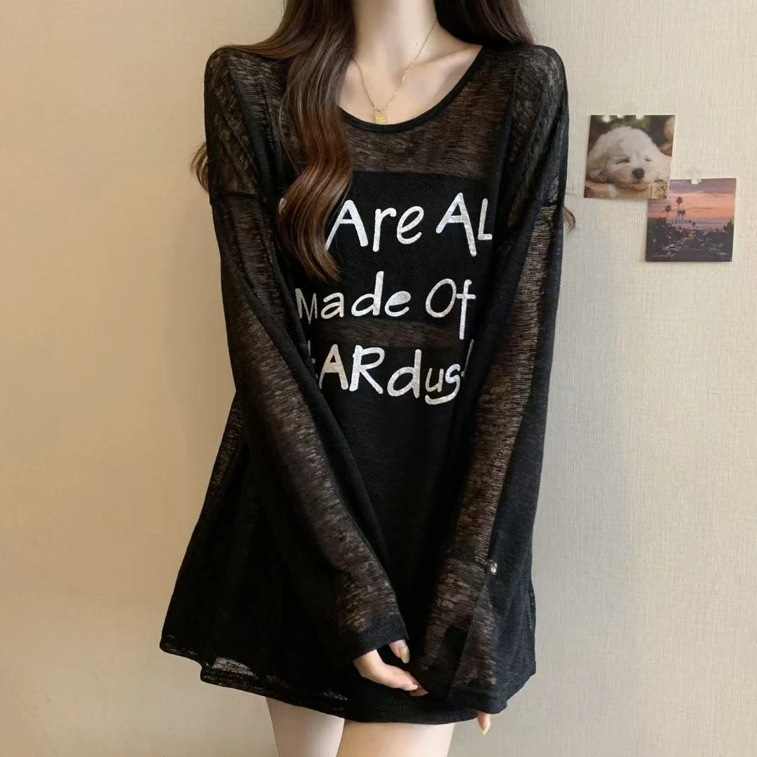 大码微胖MM薄款夏季ins长袖防晒衫字母印花T恤女宽松休闲空调罩衫