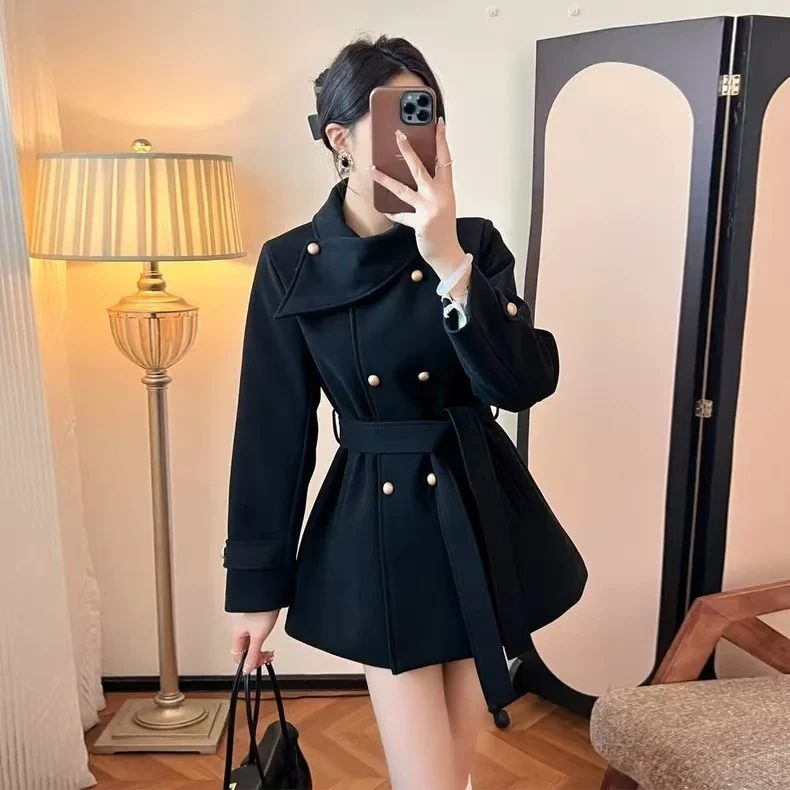 法式气质名媛风围脖设计黑色风衣外套女秋季高级感宽松英伦风大衣