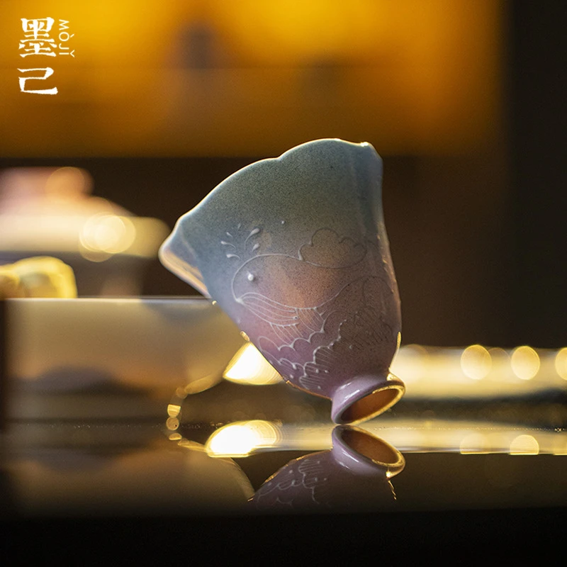 墨己有田烧星渊鲲梦鲸鱼花口高足茶杯茶具家用梦幻渐变紫品茗杯