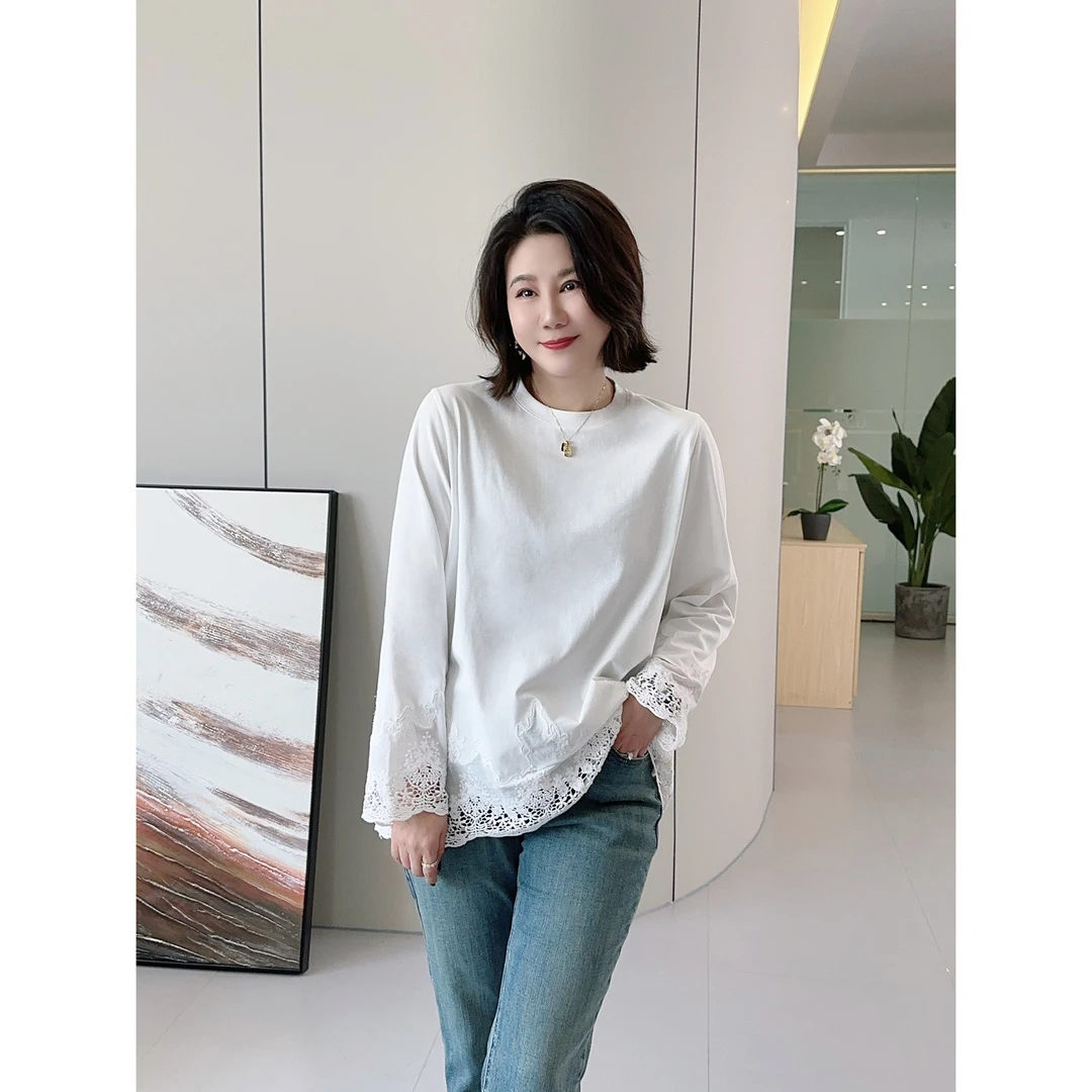 微胖女装【线雕蕾丝T】春季专机蕾丝定位绣花T恤简约上衣20586