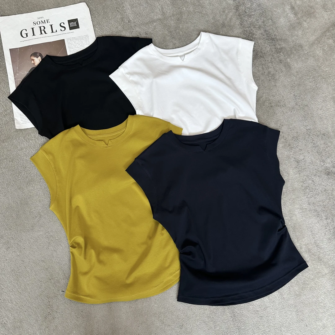 【米可家】小剪刀领褶皱显瘦弹力小飞袖T恤25139