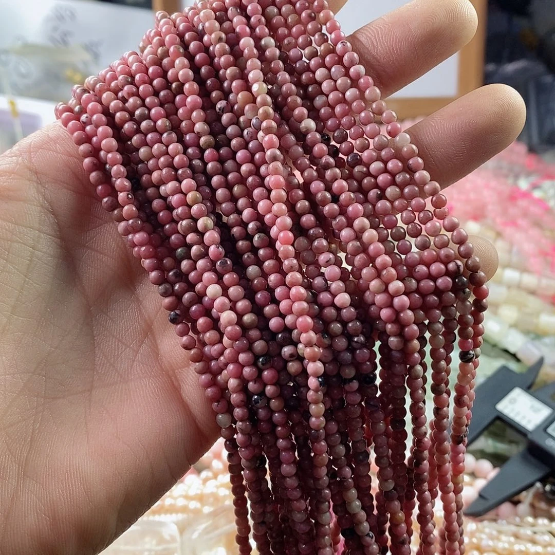 玛瑙/玉髓珠宝半成品合金一条天然3.3mm粉蔷薇石圆珠