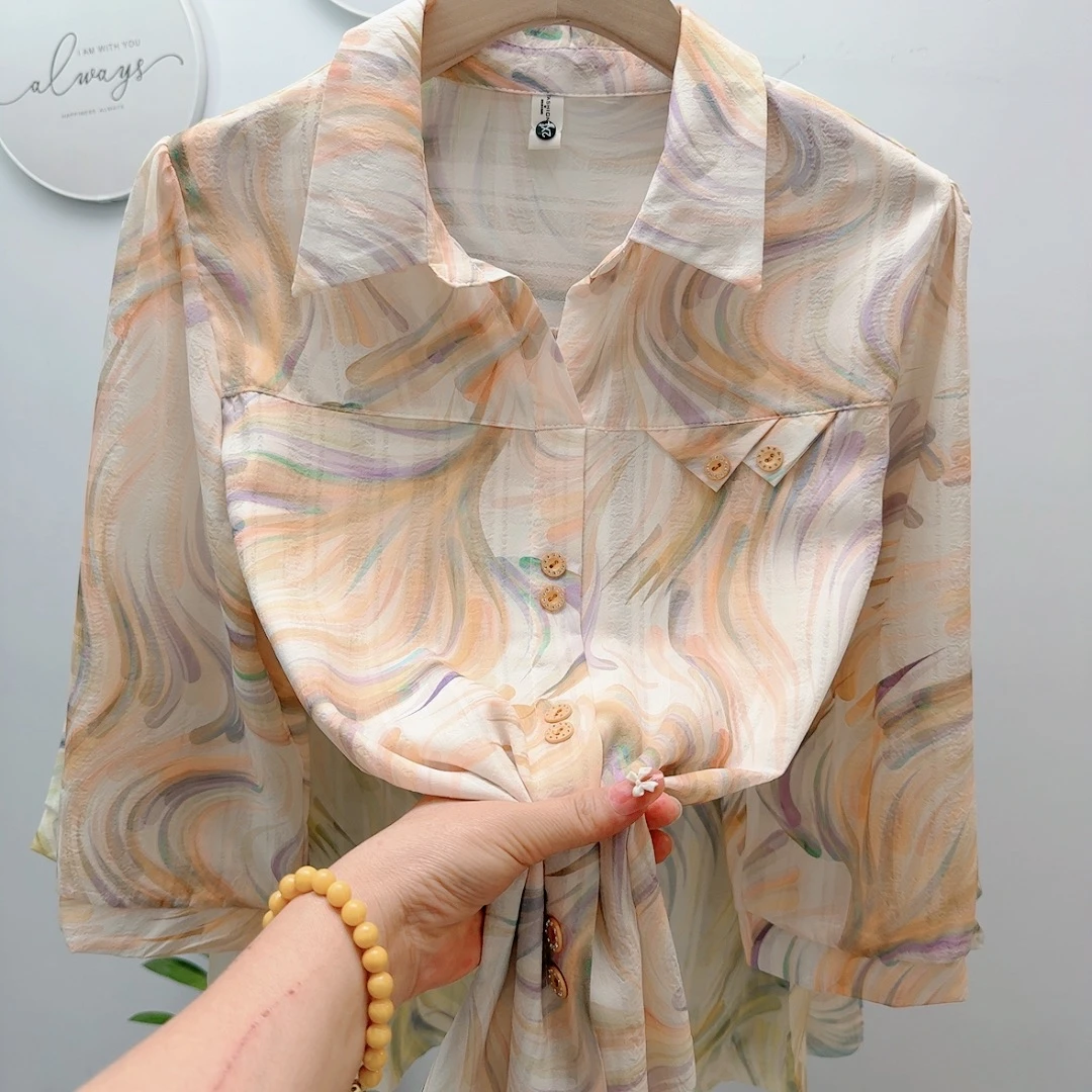 时尚外套碎花夏季秋季印花设计感薄款衬衫复古翻领衬衣气质宽松女