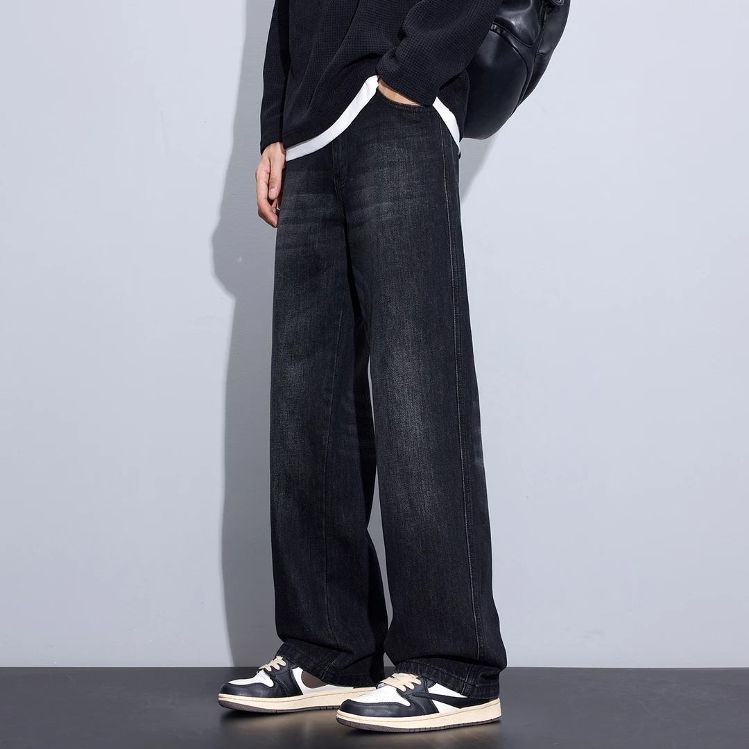 Kuvine2025秋季高街美式复古宽松直筒潮流时尚百搭水洗牛仔裤男士
