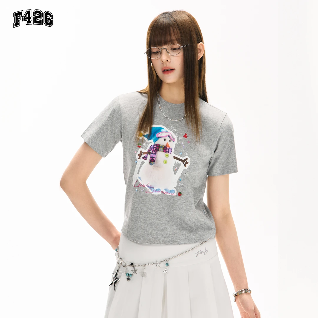 F426潮牌夏季新款美式雪人贴纸印花短款短袖T恤正肩显瘦上衣7146