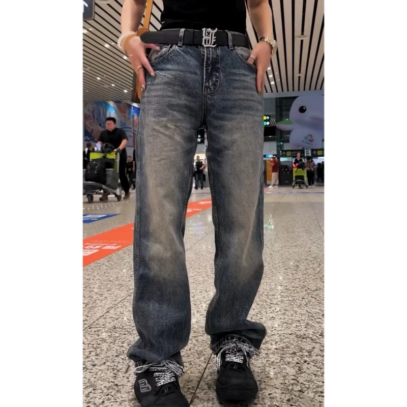 美式复古弹力显瘦百搭牛仔阔腿裤秋冬新款加绒加厚高腰窄版直筒裤