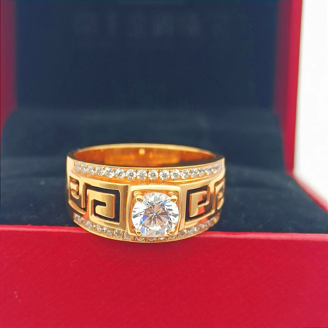 合成锆石18k金玫瑰金（金750）镶锆石霸气镂空回字纹时尚男士戒指