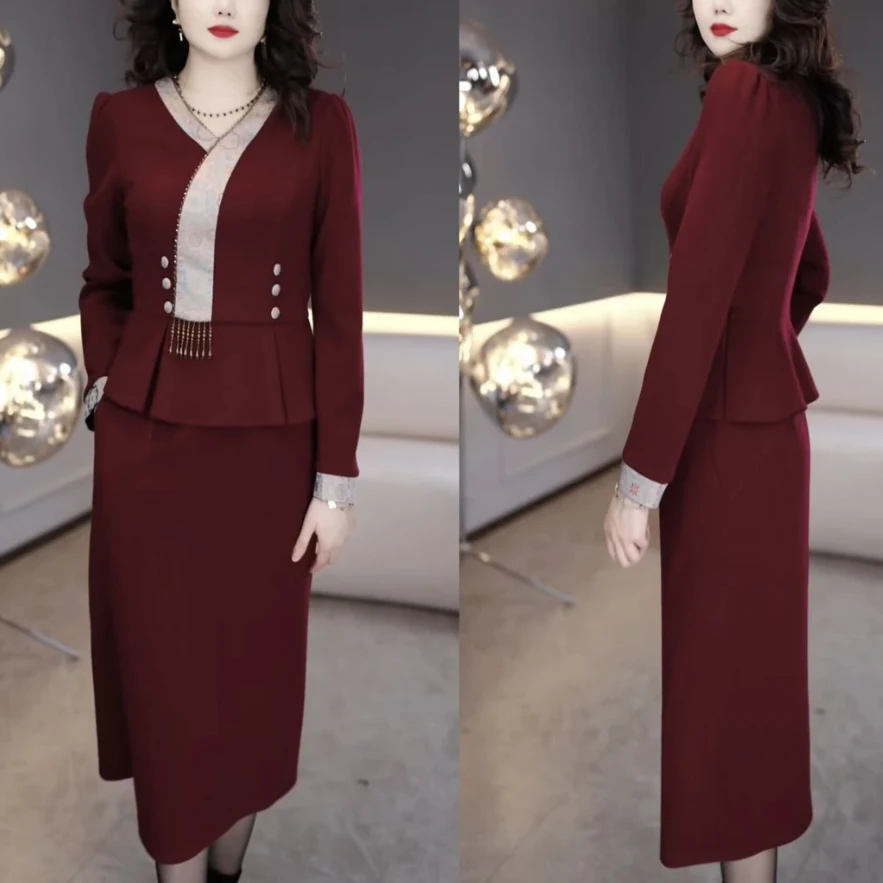 2025年春季新中式时尚气质收腰显瘦加厚中长款假两件连衣裙M-4XL