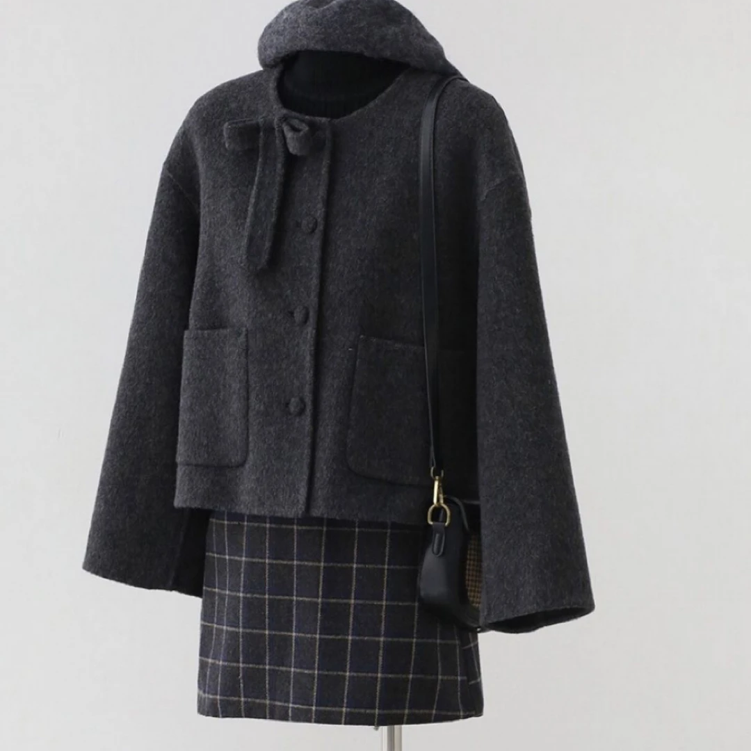 2025新款双面羊绒大衣小个子秋冬时尚圆领短款高级加厚羊毛外套女