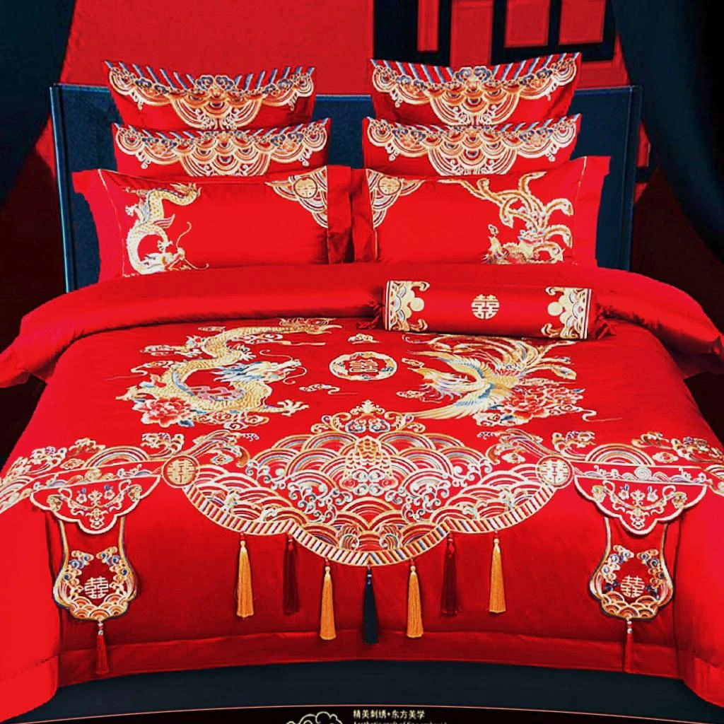 【鸳鸯款】重工豪华澳洲全棉长绒棉重工刺绣婚庆正红色件套