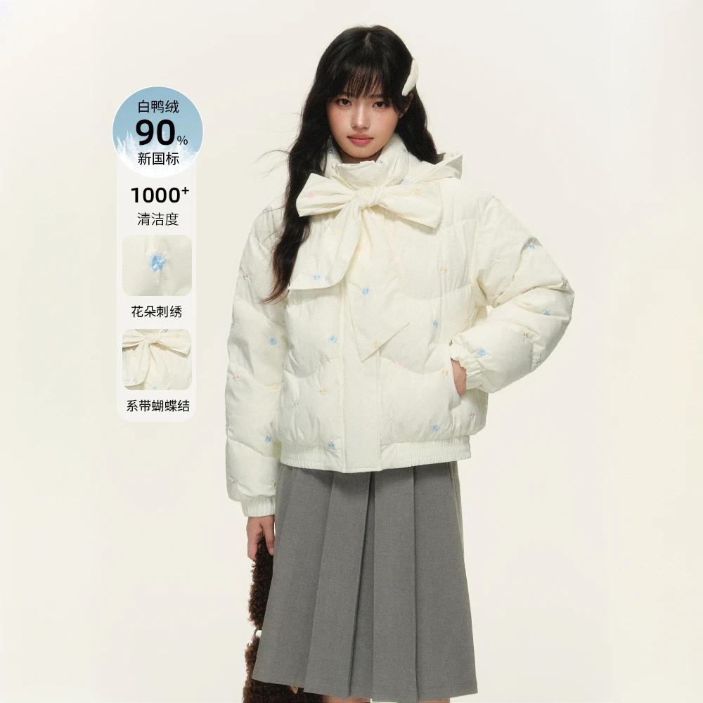 NTOT新款基础宽松保暖波浪绗刺绣缝蝴蝶结领羽绒服女NOTWT24465