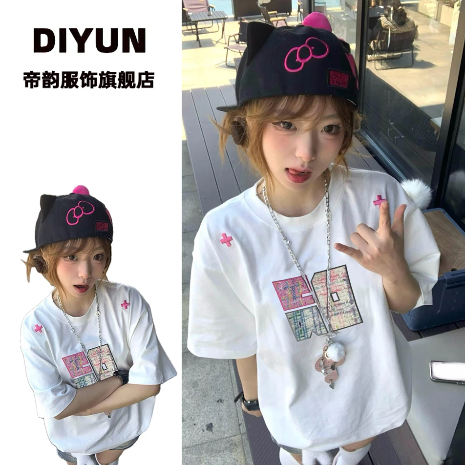 新款贴布刺绣美式复古运动风夏季宽松休闲百搭甜美可爱风格衣服