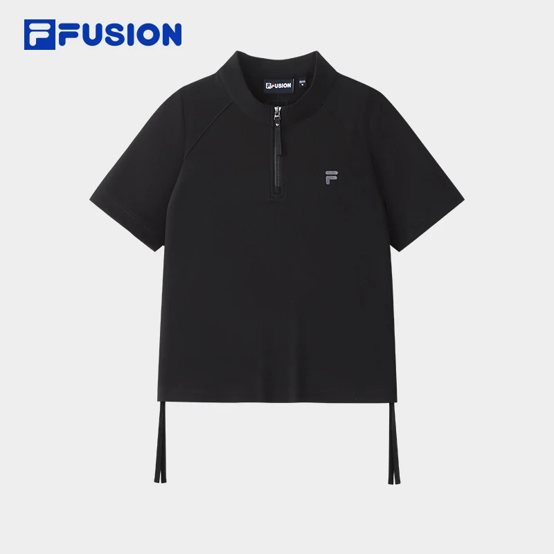 FILA FUSION斐乐潮牌女子针织短袖衫2025秋新款时尚半拉链修身T恤