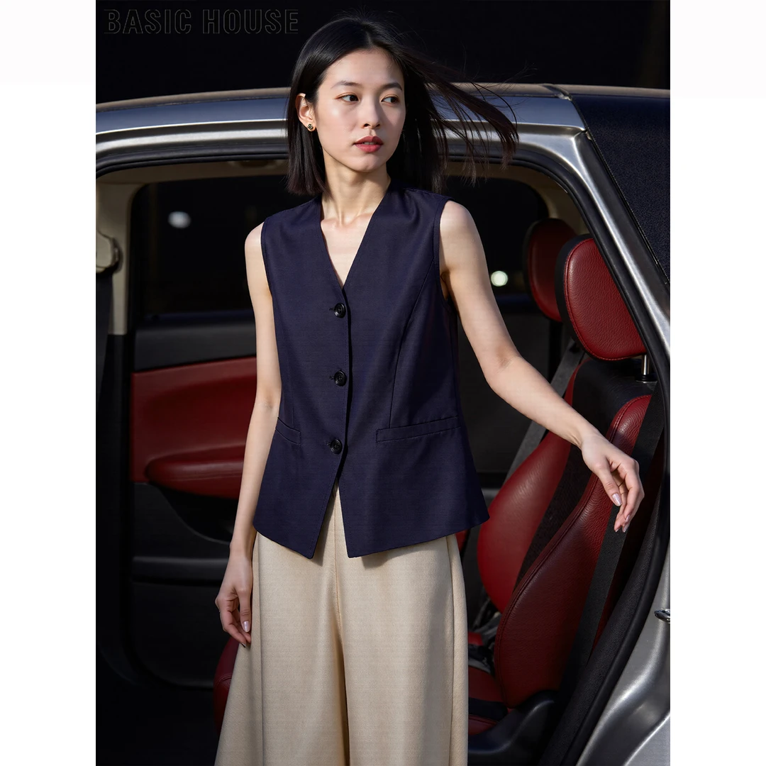 Basic House/百家好亚麻V领无袖马甲背心女夏季外穿收腰马夹上衣