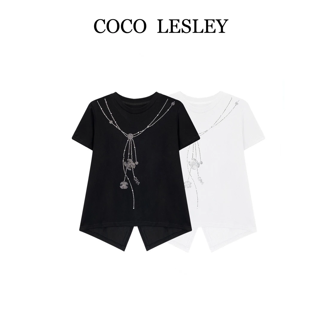 【COCO LESLEY】68011#重工烫钻不规则开叉T恤2025夏个性上衣