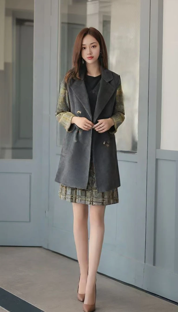 115韩版格子百搭中长款外套