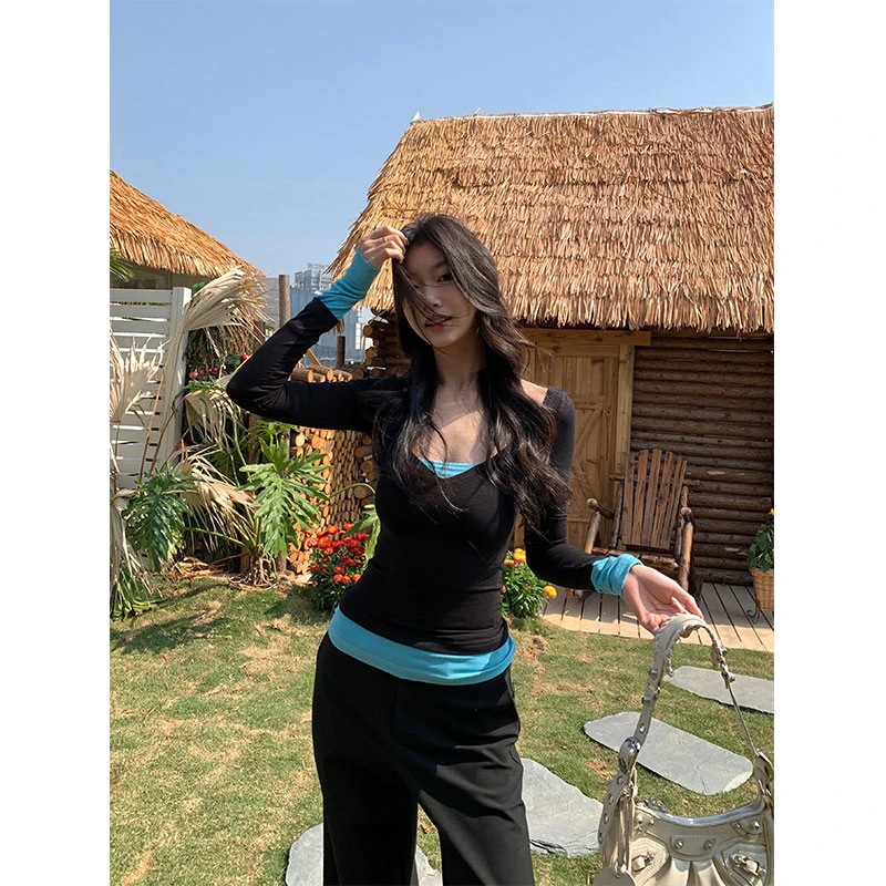 withmin双色胶片 假两件撞色修身长袖T恤辣妹显瘦上衣【2522240】