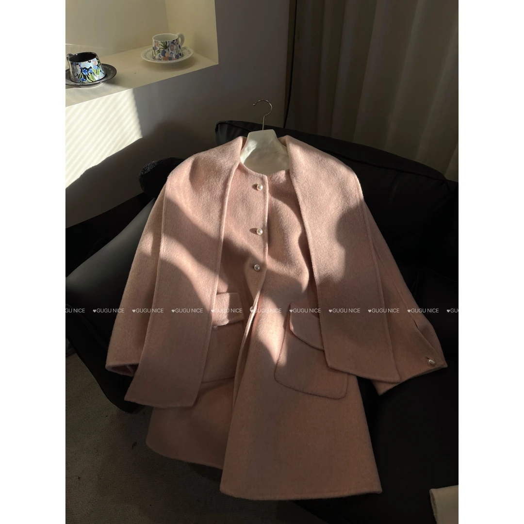 【古古】12.01新 韩系宽条领结珍珠口中长款双面手缝羊毛大衣G24615