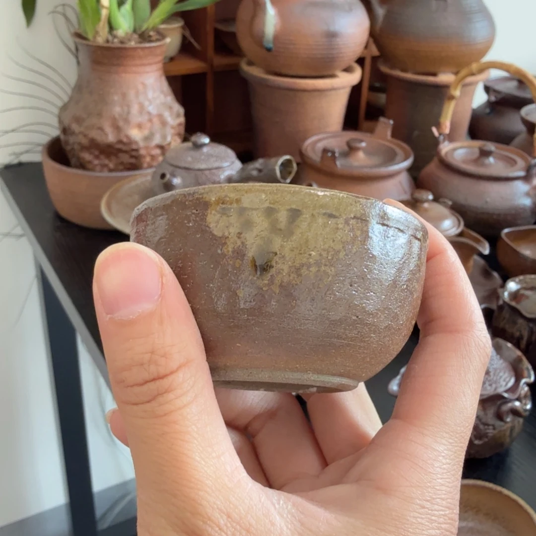 裸柴烧品铭杯粗陶