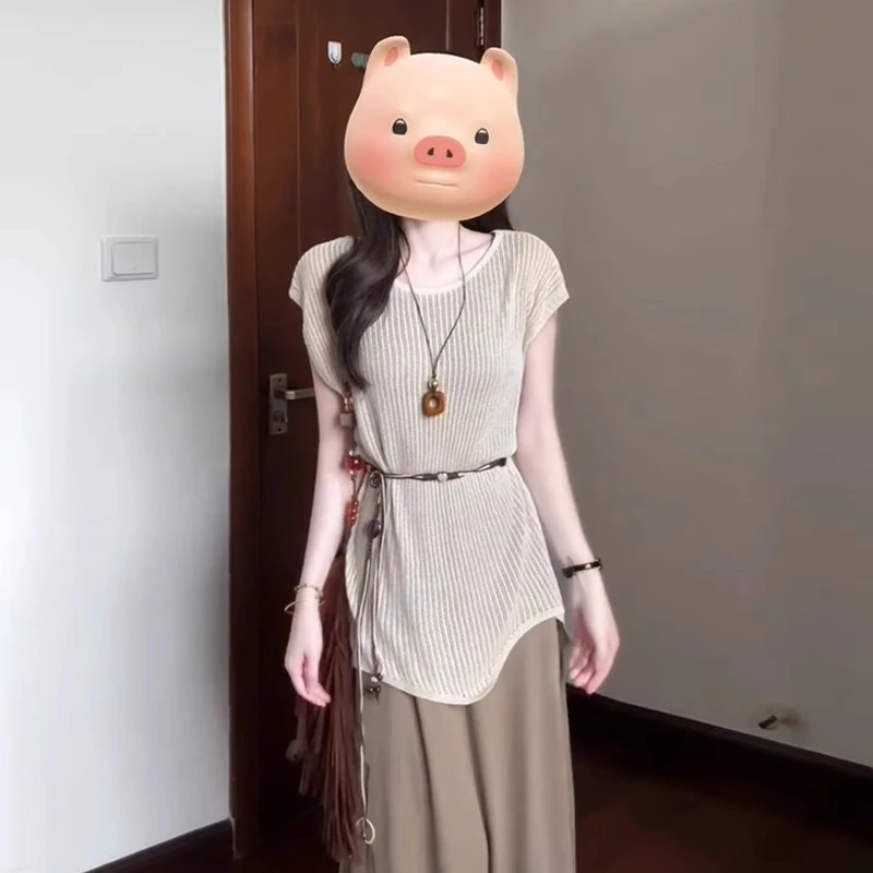 时尚套装纯色镂空罩衫女夏季新款复古垂感背心连衣裙显瘦两件套