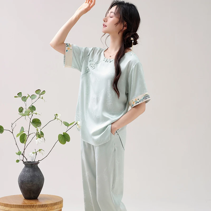 MiiOW/猫人夏季薄款时尚中国风休闲女士家居服圆领套装中式睡衣