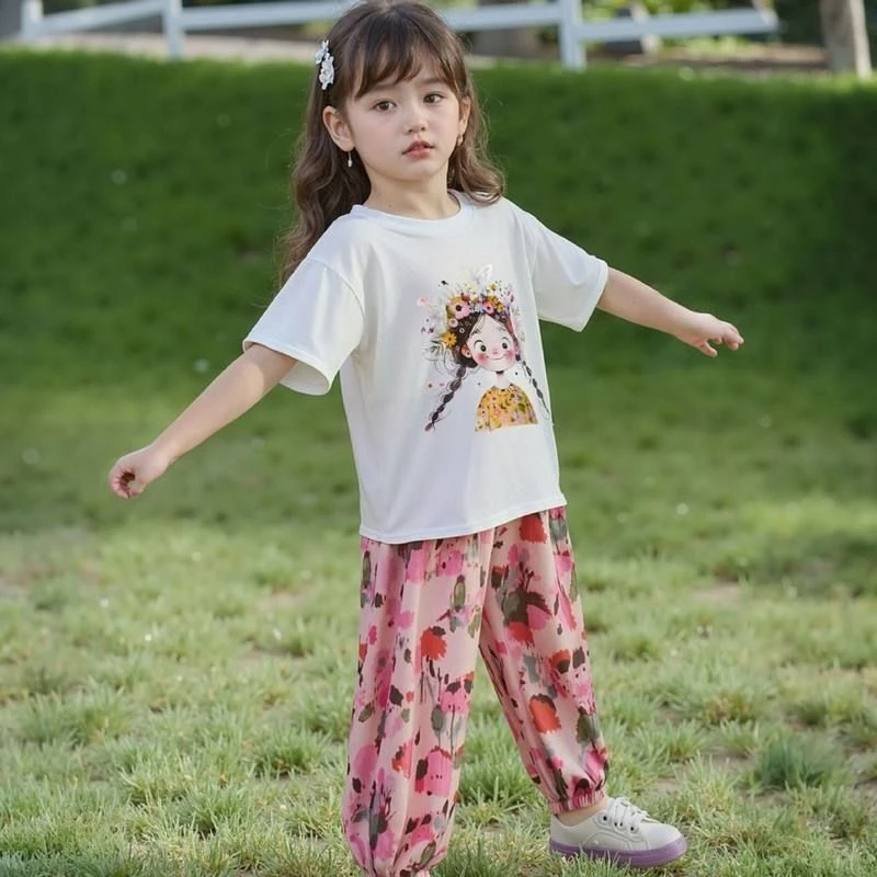 女童短袖长裤套装女宝韩系百搭圆领上衣卡通女孩立体蝴蝶T恤夏季
