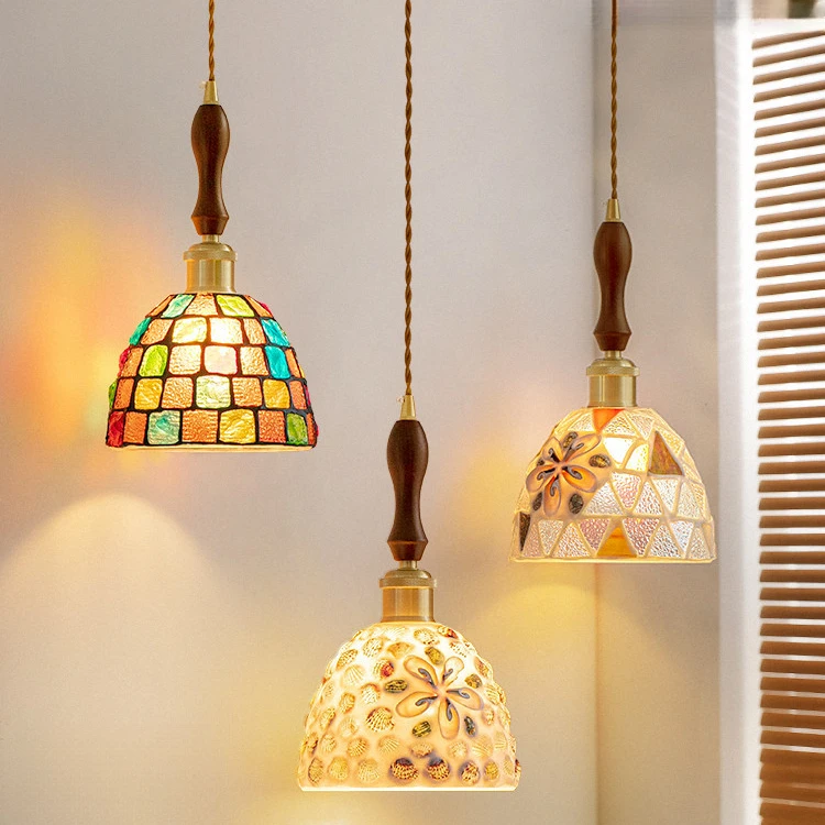 卧室床头吊线灯法式复古小吊灯2025新款创意餐厅彩色玻璃贝壳吊灯