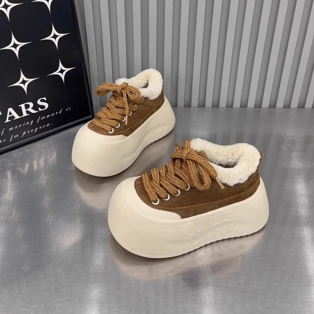 新款冬季7cm磨砂真皮厚底增高大头毛毛面包鞋女加绒休闲板鞋潮