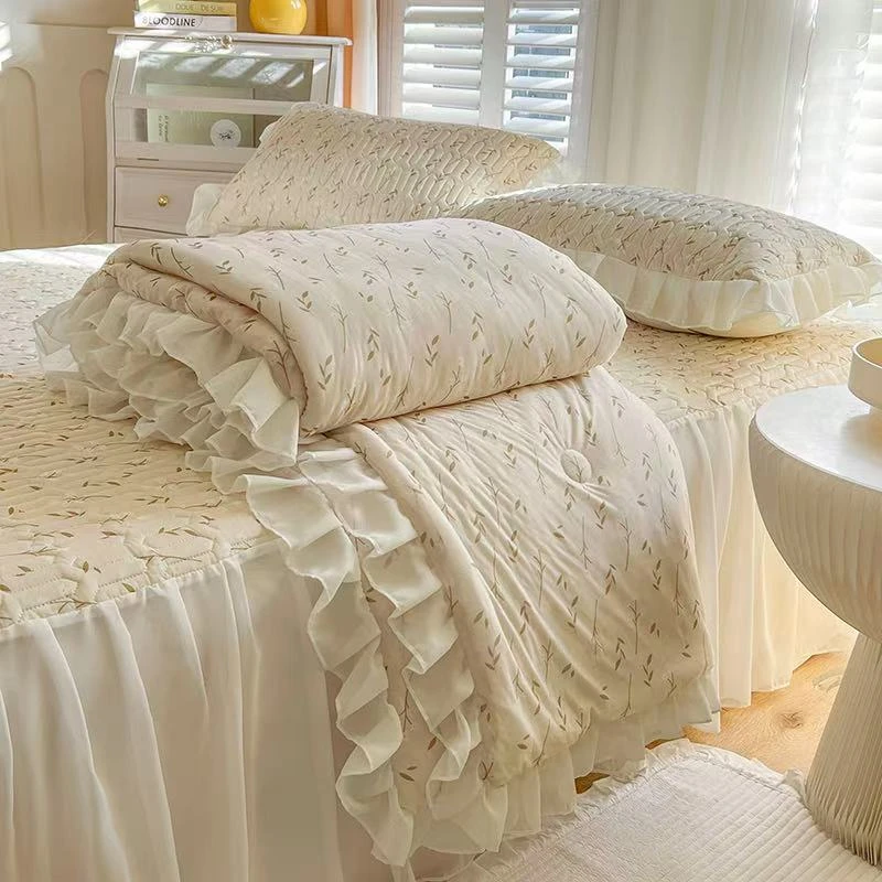 凉感丝乳胶床裙款凉席夏被四件套花边床单韩版空调席【叶子青青】