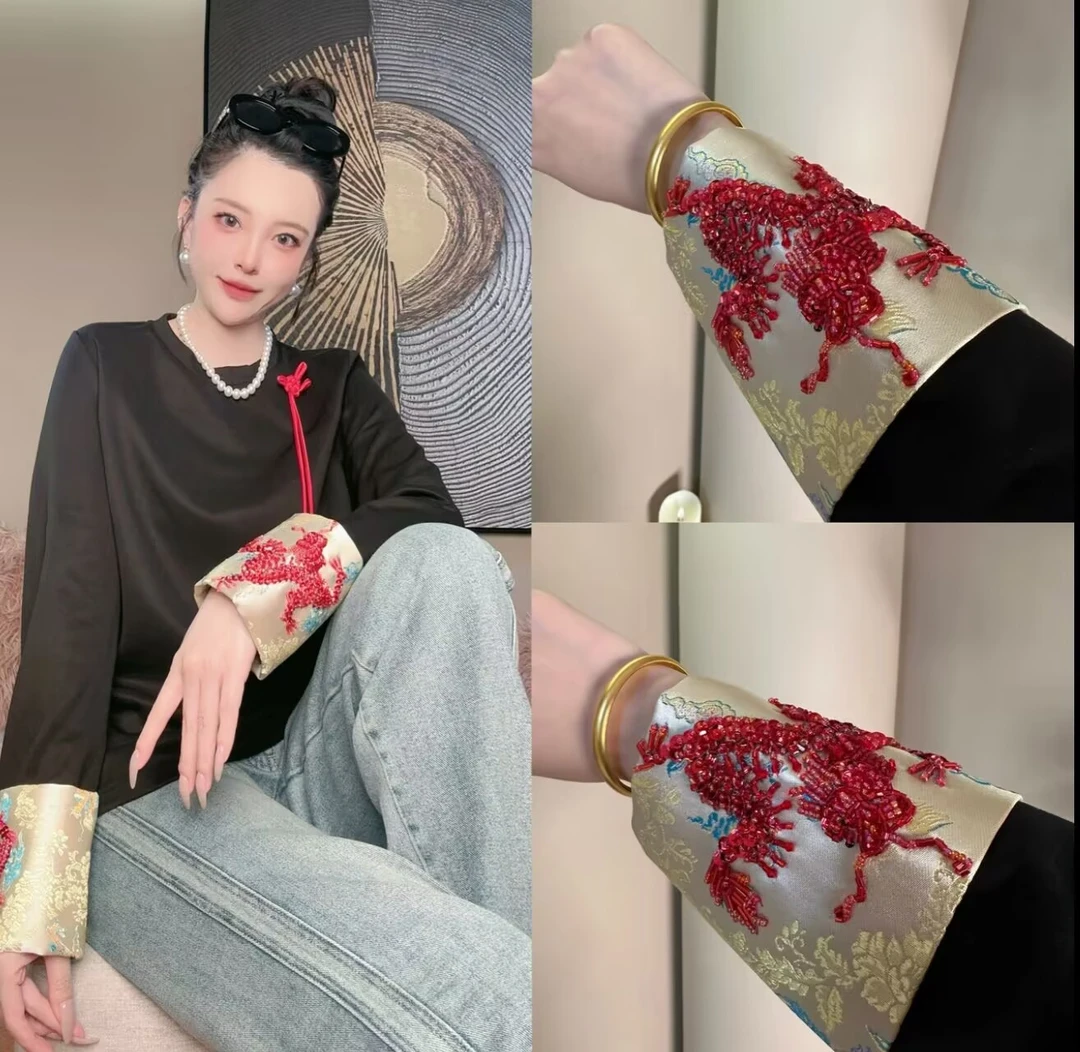 新中式国风重工龙图腾特制刺绣卷边袖设计感圆领打底衫女