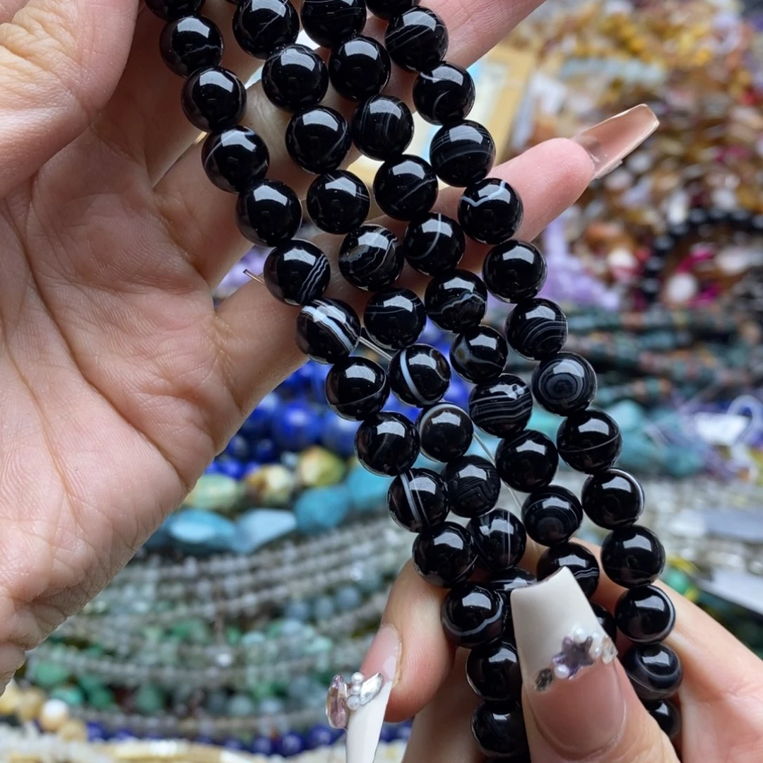 玛瑙/玉髓合金珠宝半成品一条精品 天然黑玛瑙蚕丝圆珠