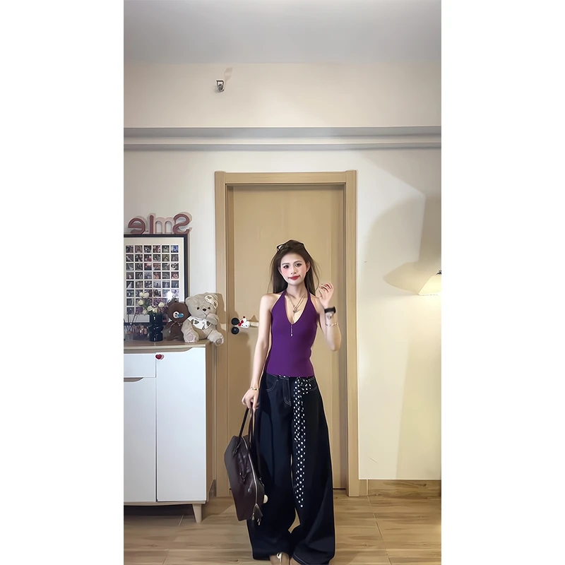 2025新款女士春夏季紫色挂脖针织吊带上衣高腰宽松阔腿牛仔裤