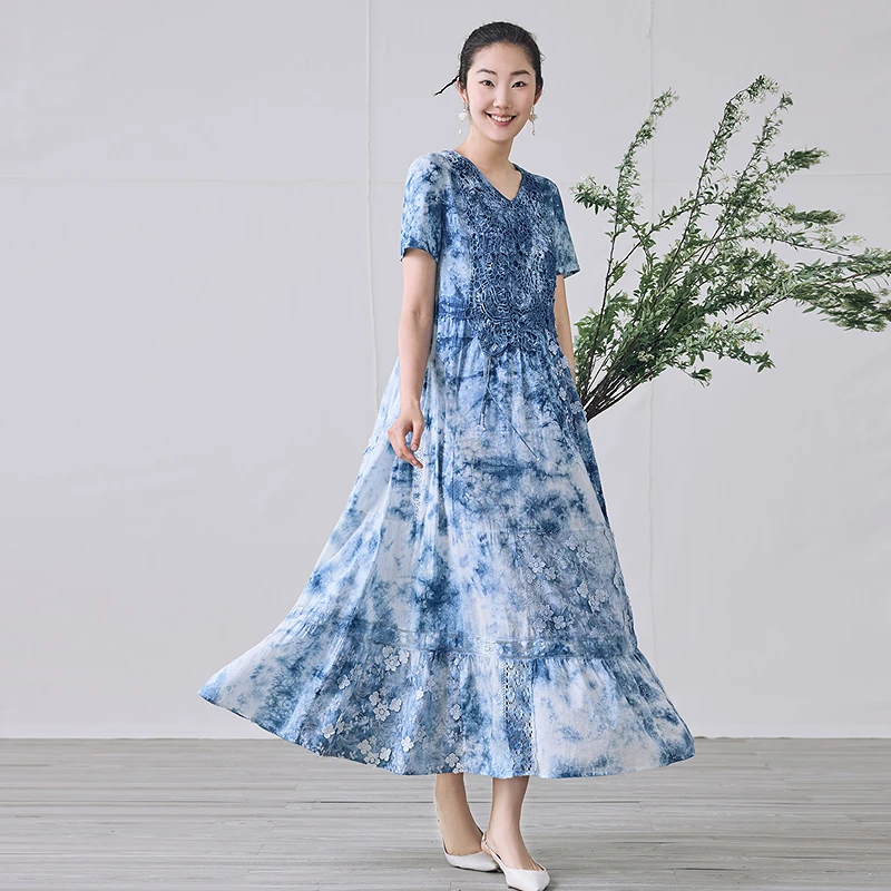 生活在左2025春纯棉连衣裙植物染手钩花优雅淡水珍珠长裙1952061