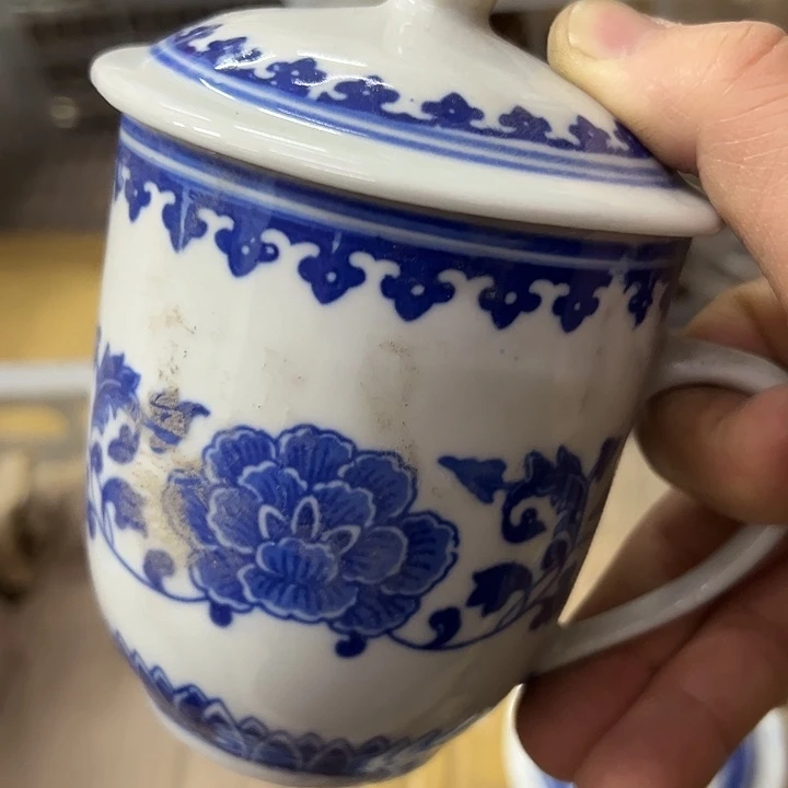 陶摆件景德镇青花芙蓉花办公杯