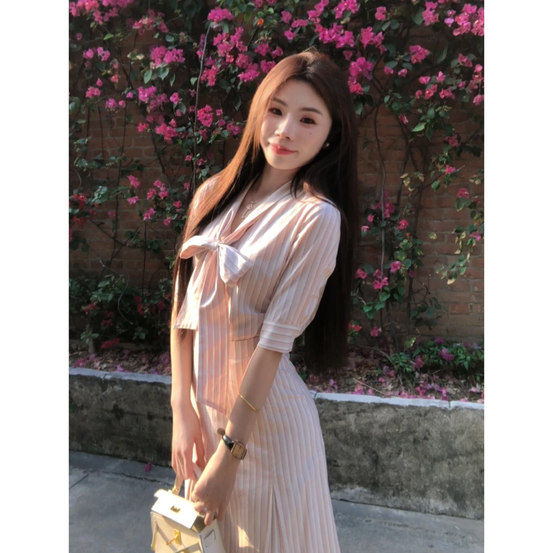 SZA【夏日冰果】春夏韩系粉色条纹修身显瘦长袖衬衫半身裙A-1692