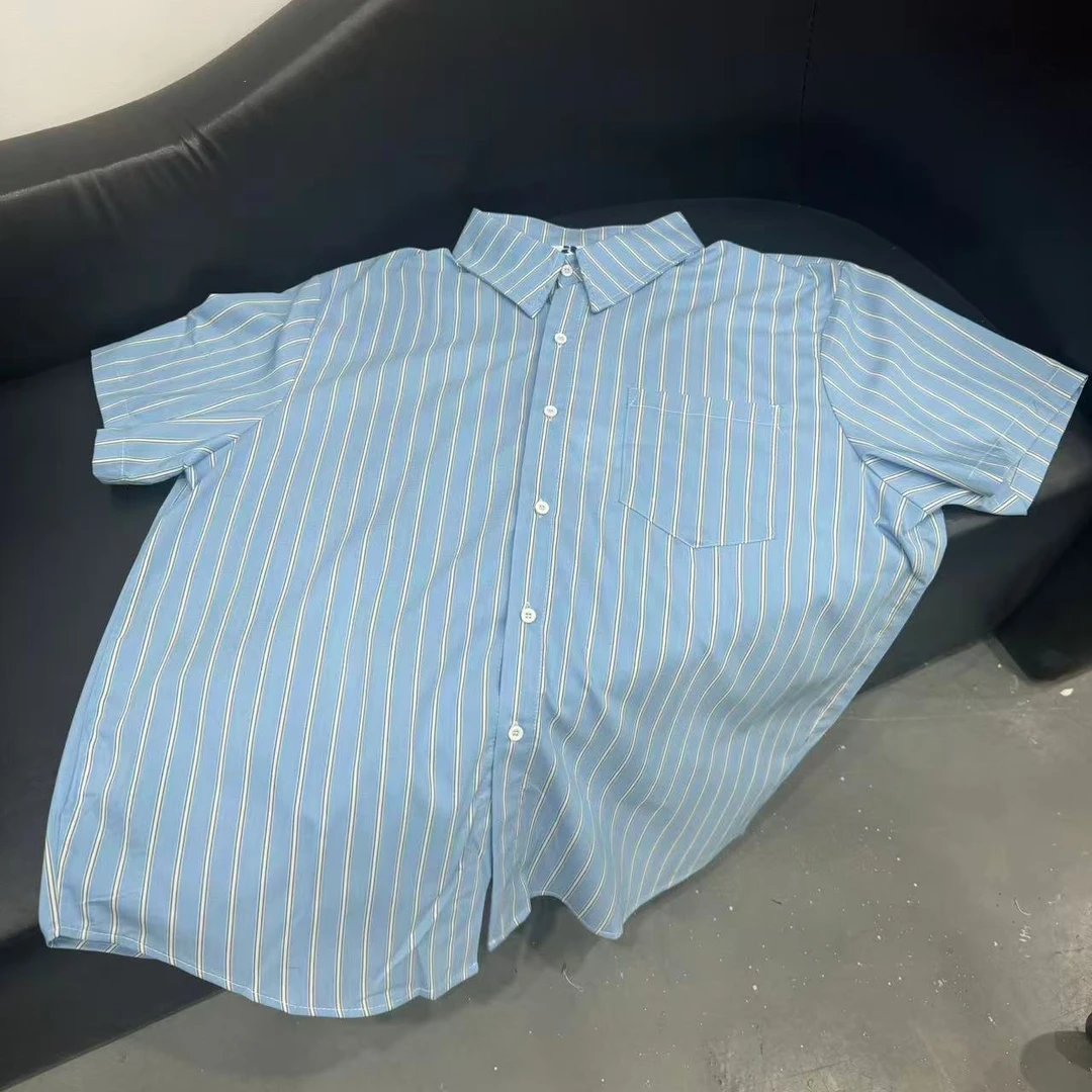 夏季日系男女情侣蓝色条纹短袖衬衫上衣