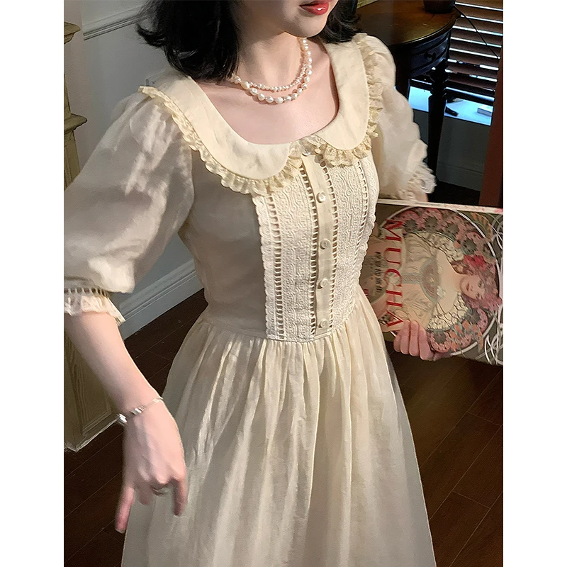 法式温柔风蕾丝花边连衣裙女夏季气质收腰初恋长裙07199