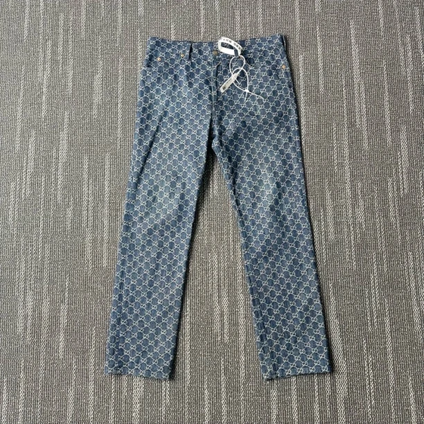 99新 GUCCI/古驰 满印皮牌拼接直筒牛仔裤/尺码36